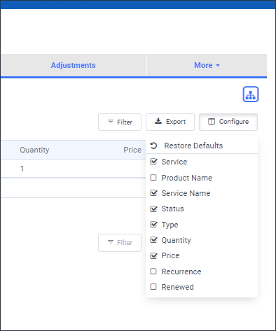 Services Table Configure Drop-down Menu