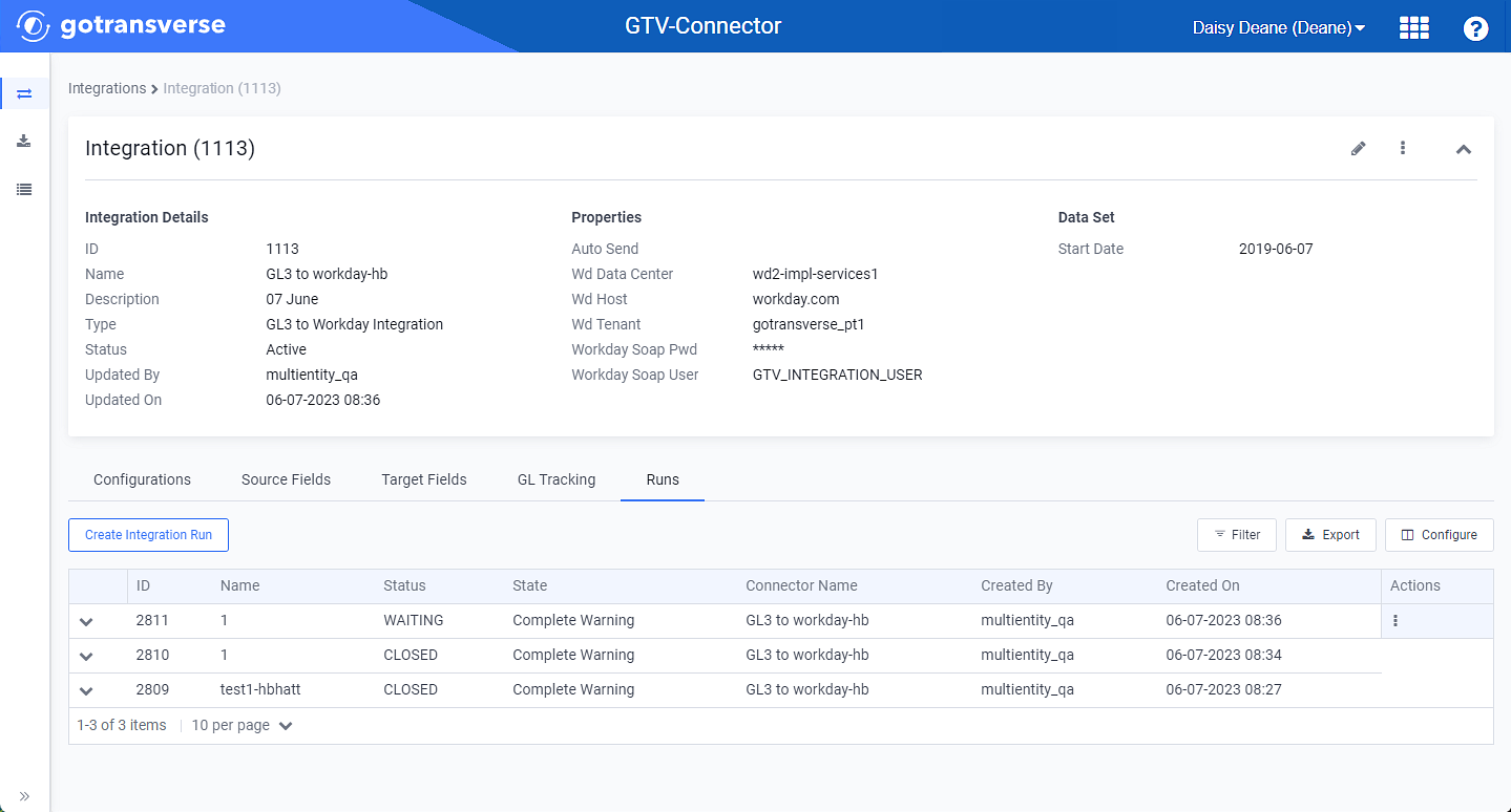 Integrations Details Window - Runs Detail Tab