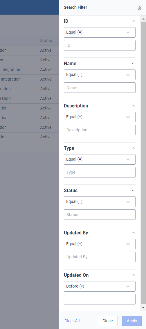 Integrations Search Filter Slide-Out Window