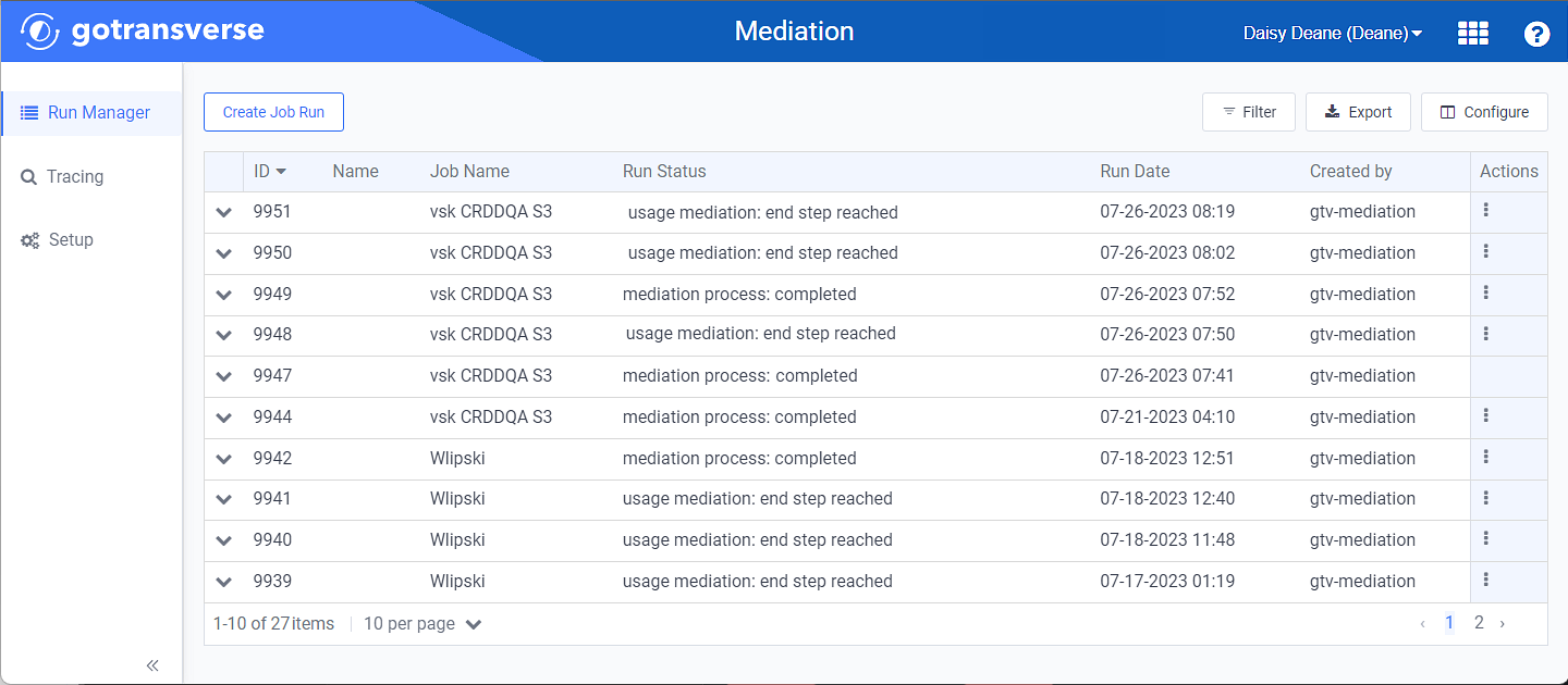 Mediation Run Manager Window