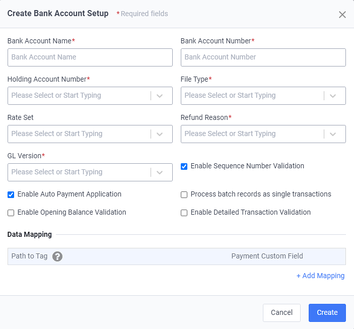 Create Bank Account Setup Window