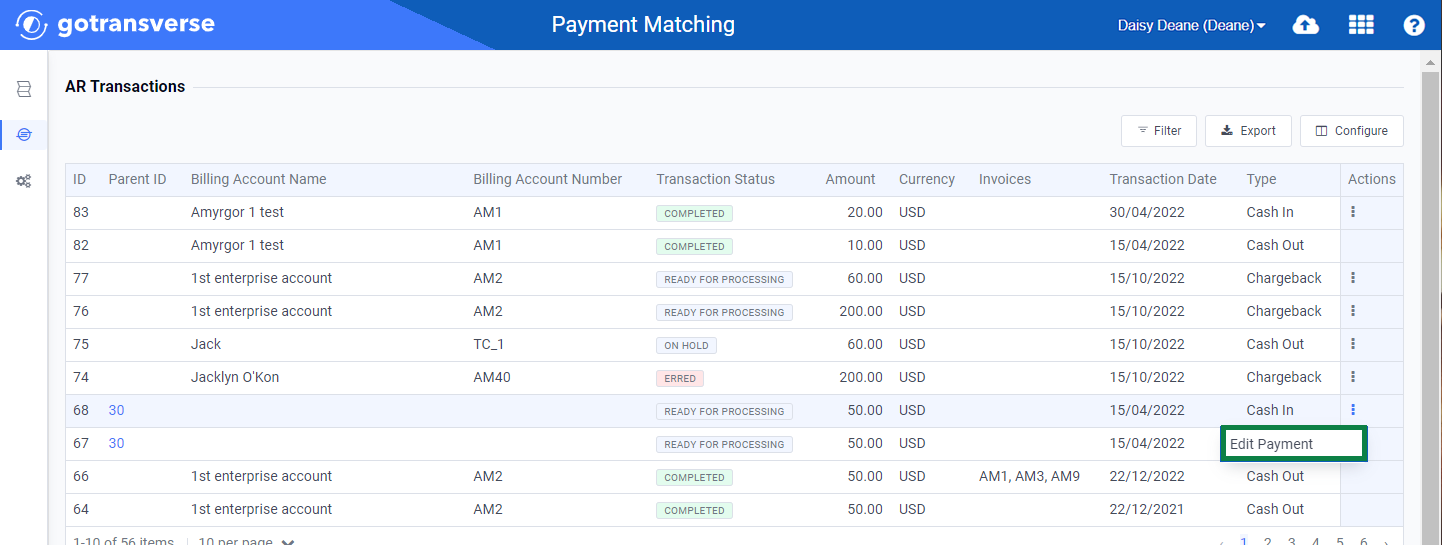 Actions Menu - Edit Payment