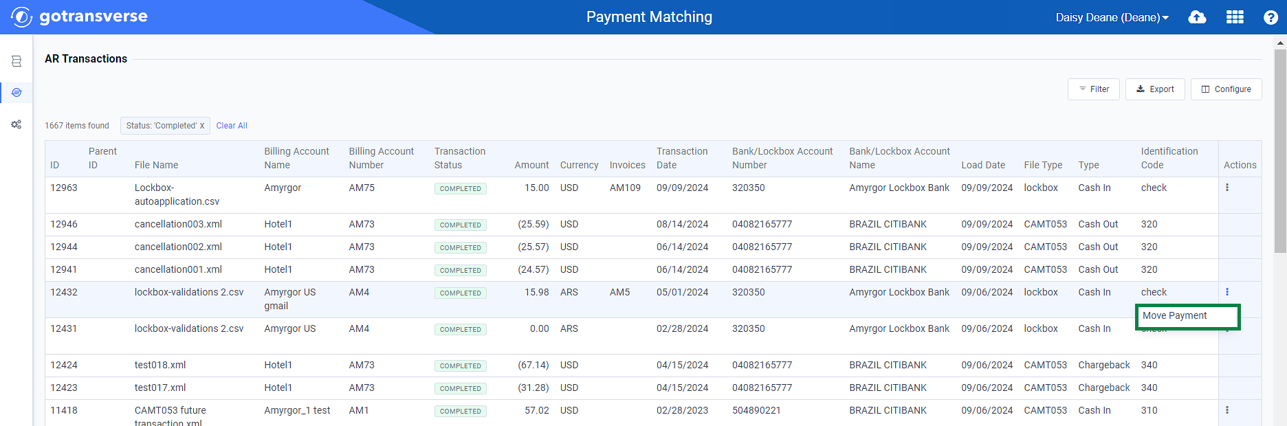 Actions Menu - Move Payment Option