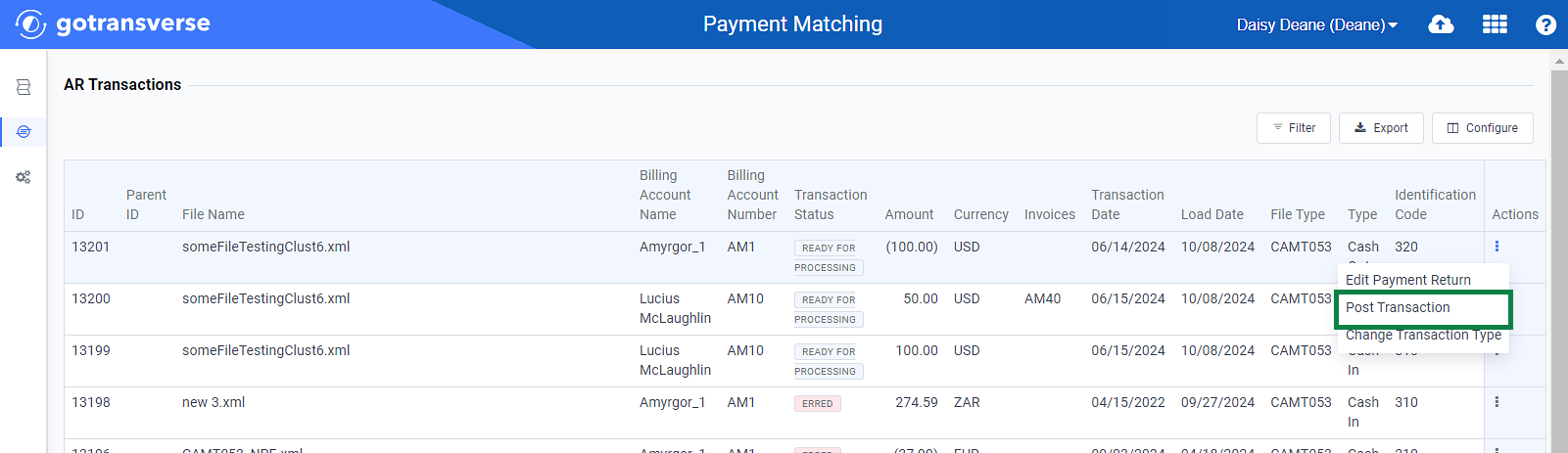 Action Menu - Post Transaction Option