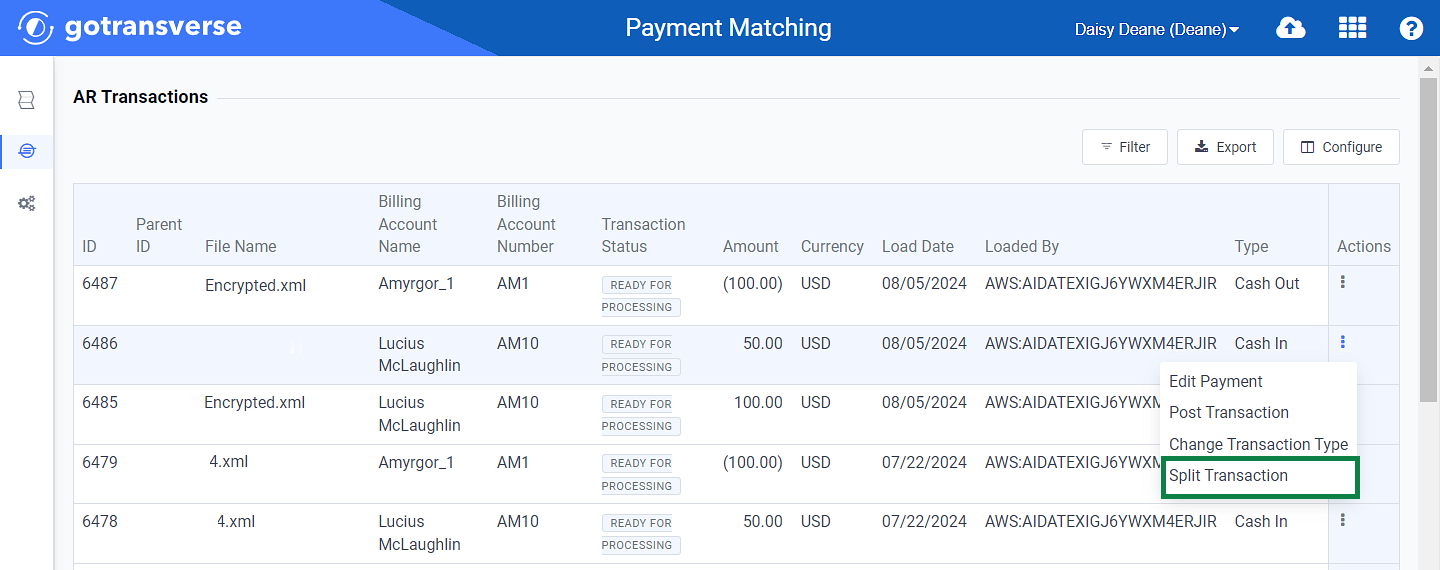 Transaction Action Menu - Split Transaction Option