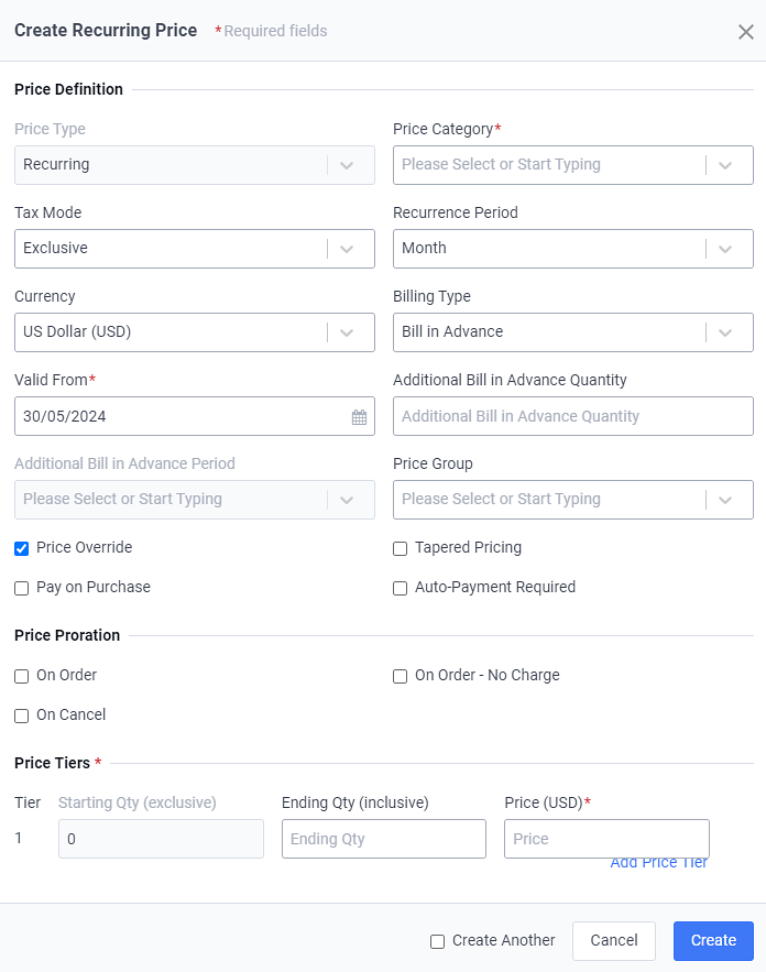 Create Recurring Price Window for Avalara Communications Tax Users