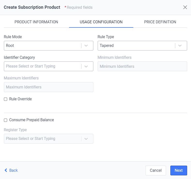 Create Subscription Window - Usage Configuration Tab