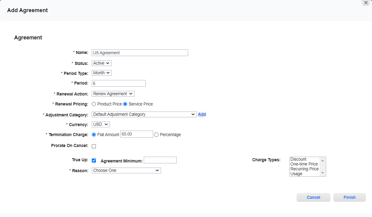 Add Agreement Window - True Up Fields