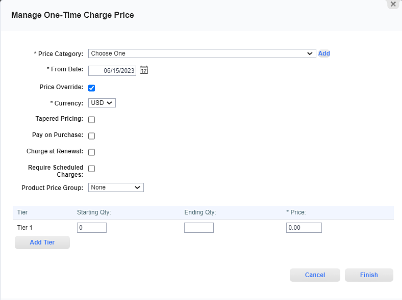 Manage One-Time Charge Price Window