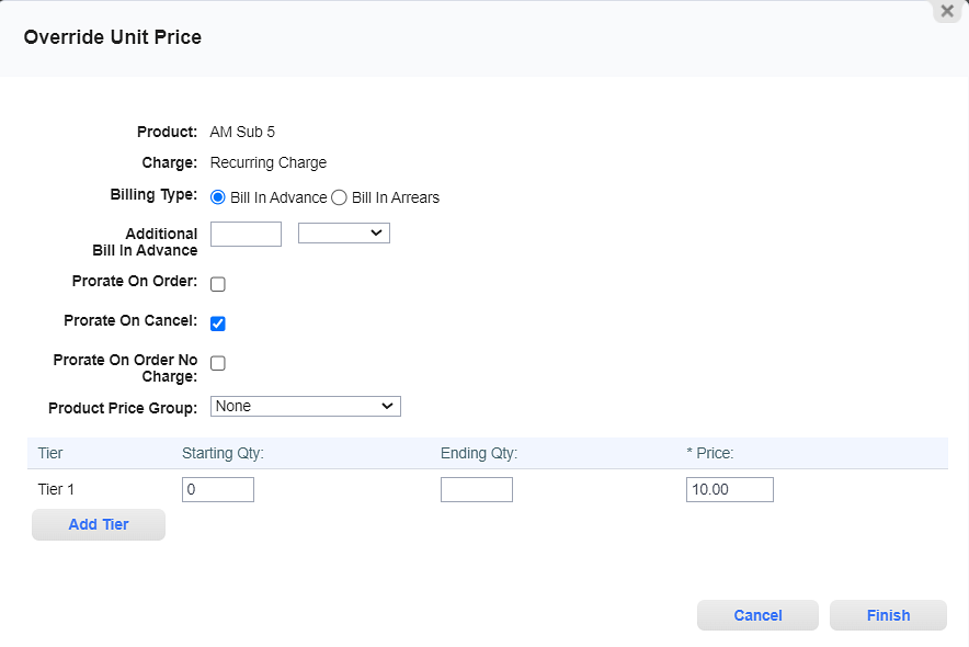 Override Unit Price Window - All Options