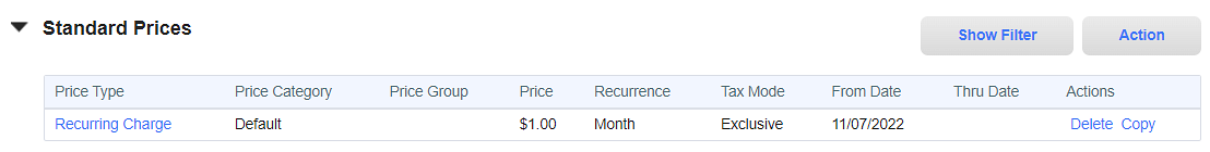 Standard Prices Section