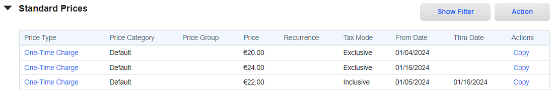 Standard Prices Section