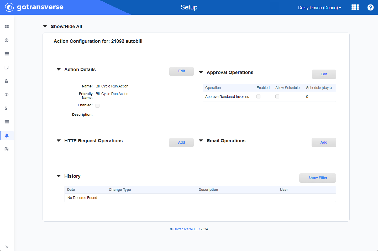 Action Configuration for Bill Cycle Run Action Window