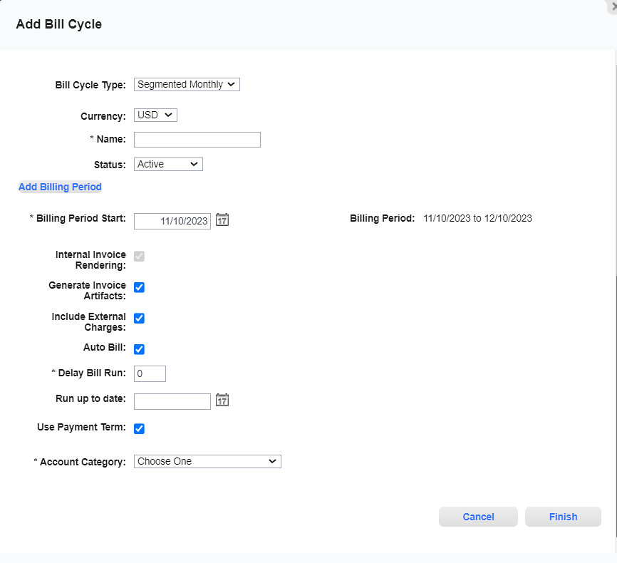 Add Bill Cycle Window - Auto Bill Checkbox Selected