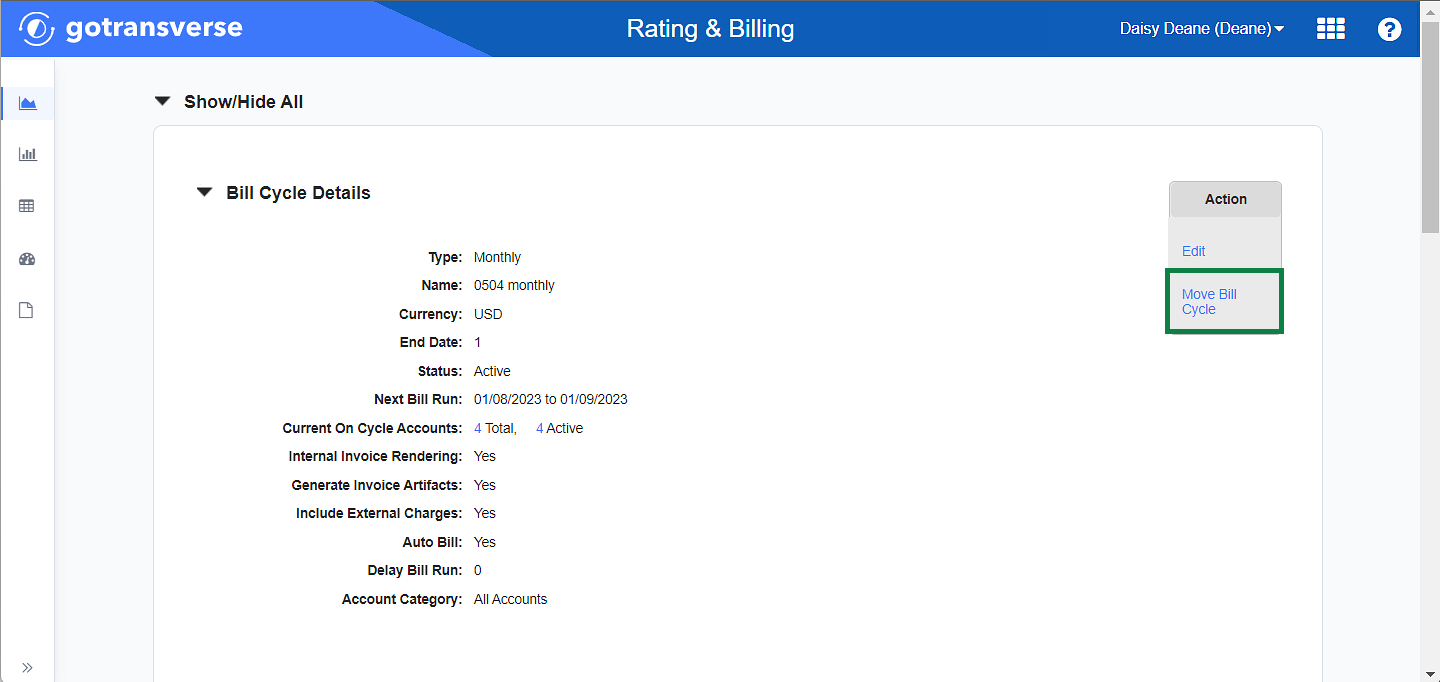 Action Menu - Move Bill Cycle Option