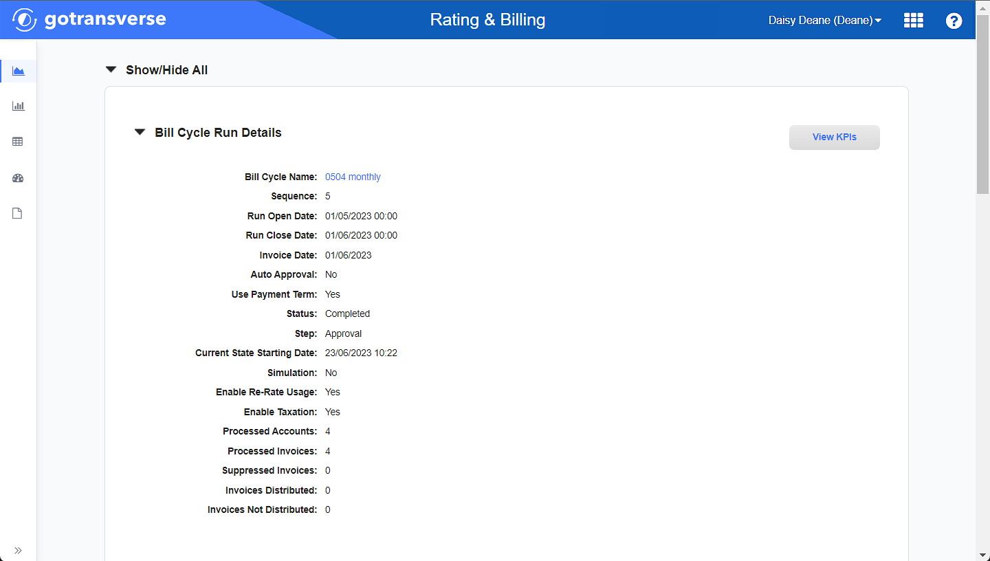 Bill Cycle Run Details with KPIs Button