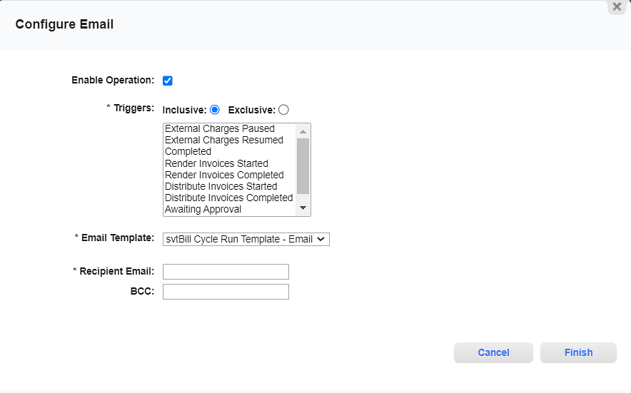 Configure Email for Bill Cycle Run Actions Window