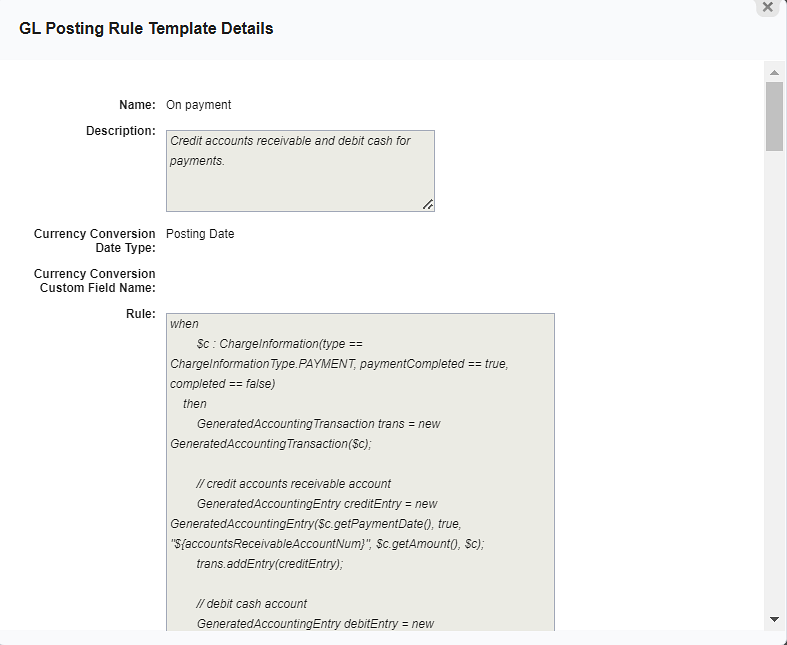 GL Posting Rule Template Details Window