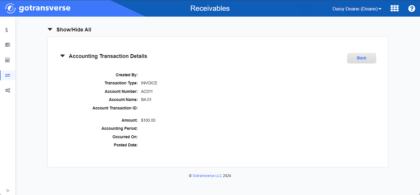 Accounting Transaction Details Window - Receivables Application