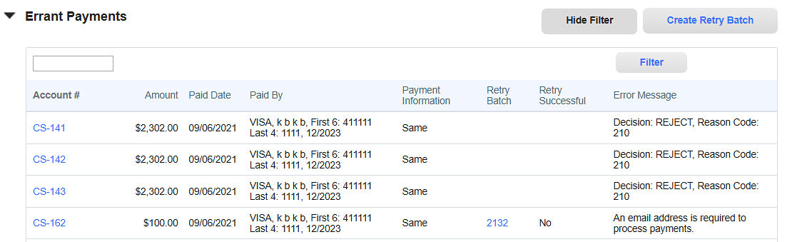 Errant Payments Section - With Filter