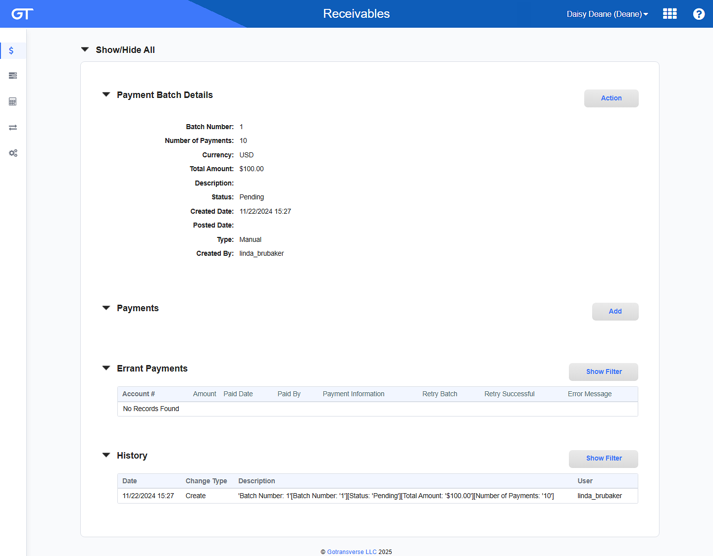 Payment Batch Details Window