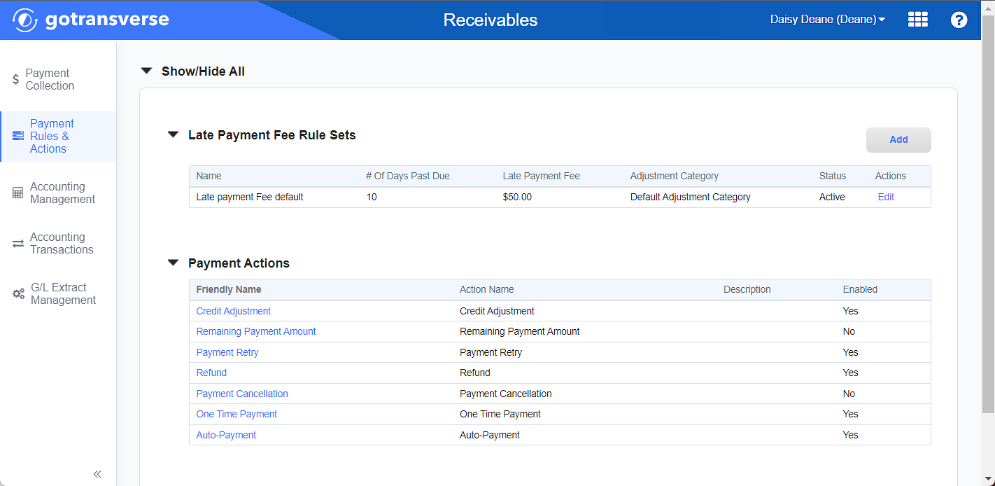 Payment Rules & Actions Window