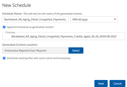 Report Schedule File Name and Folder