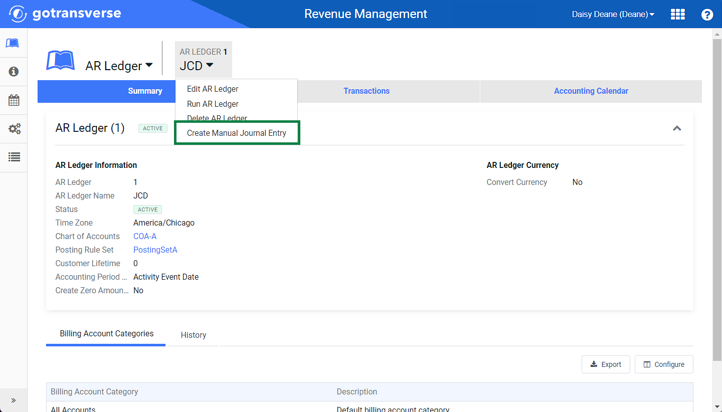 AR Ledger Action Menu - Create Manual Journal Entry Option