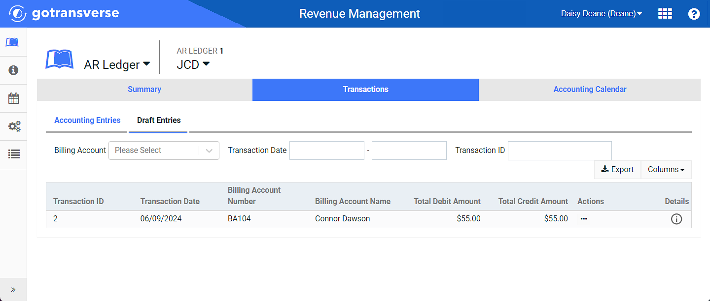 Transactions Tab Window - Draft Entries Tab