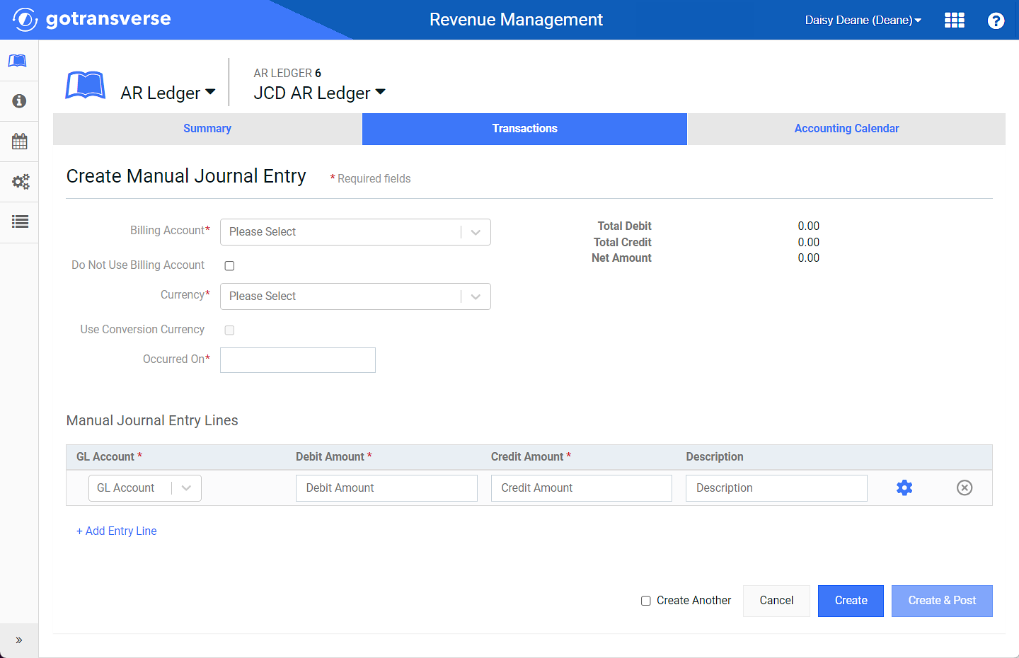 Create Manual Journal Entry Window