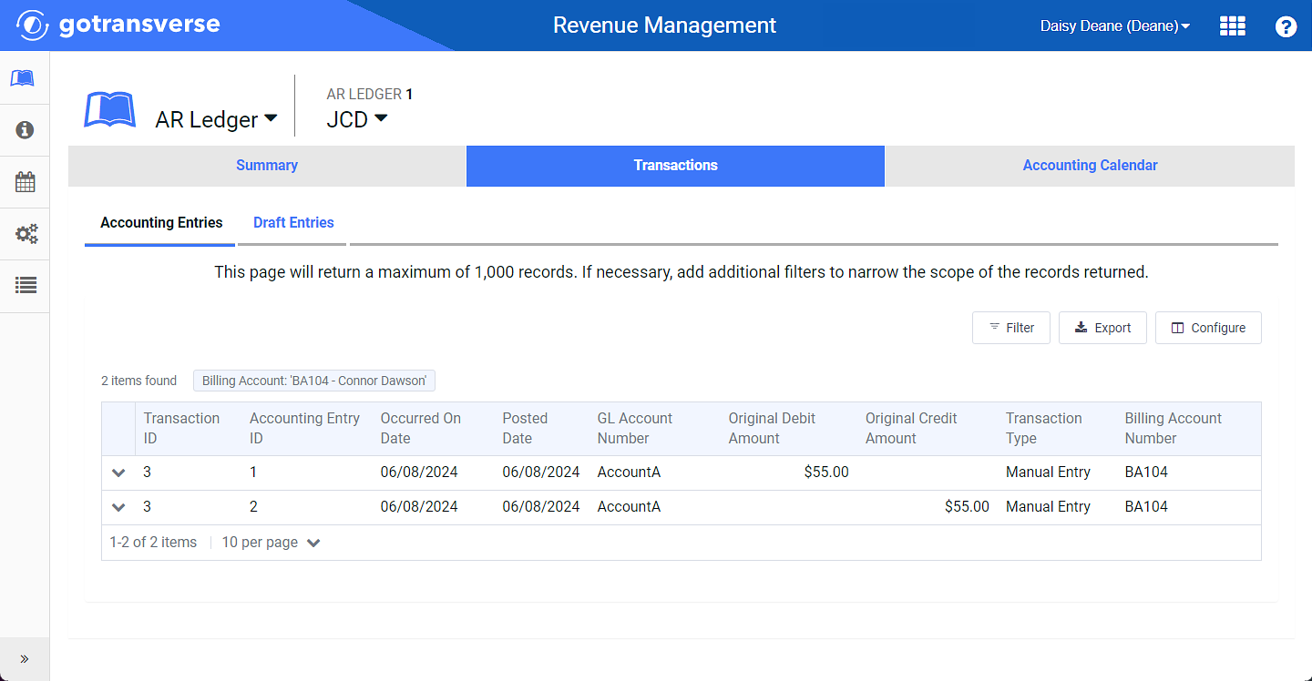 New Entry Added to Transaction Tab Window