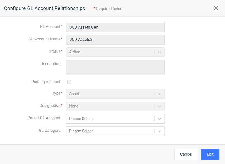 Configure GL Account Relationships Window - Parent GL Account Field