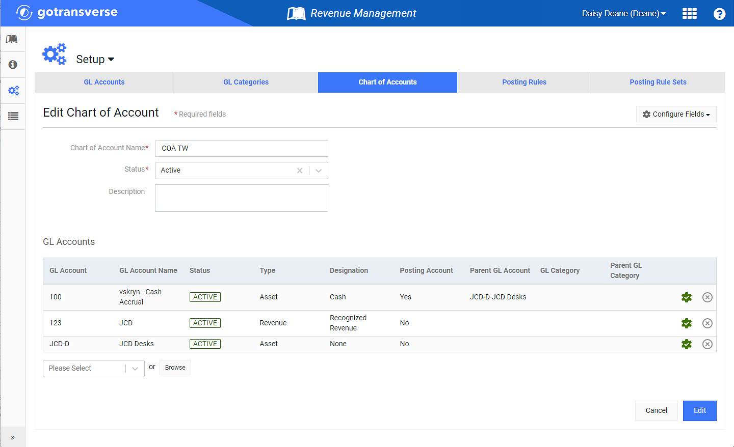 Edit Chart of Account Window with Parent GL Account