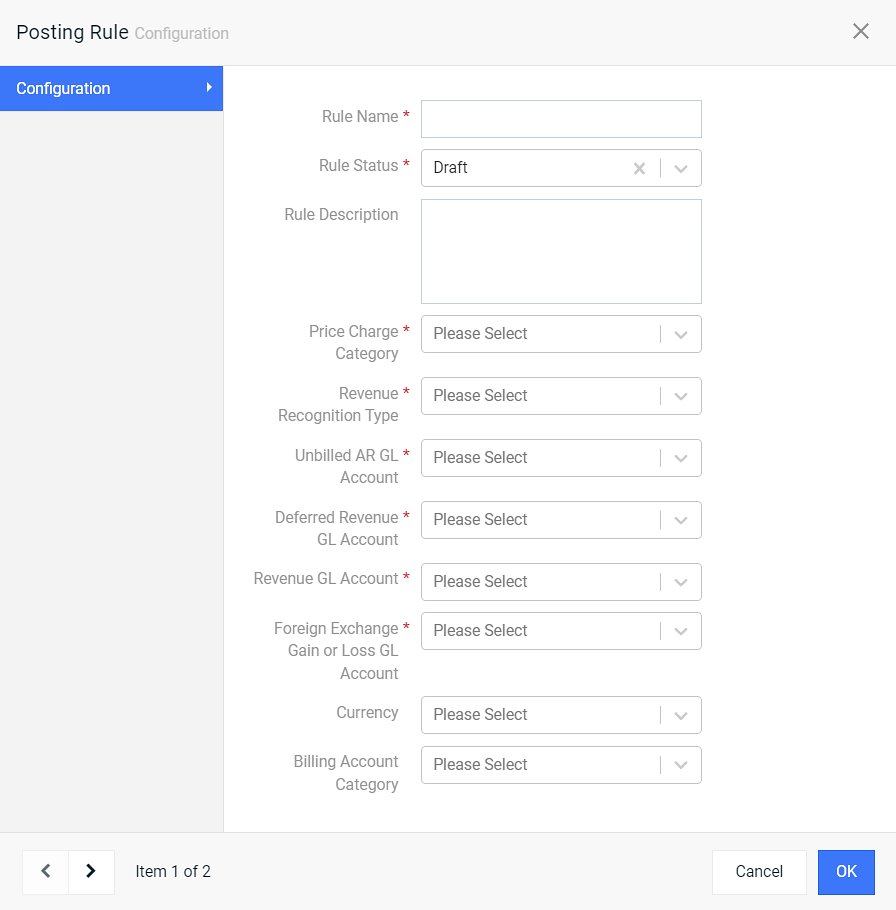 Posting Rule Configuration Window for On Rev Rec for Recurring with Price charge category and Agreement aware-Standard Suite (Revenue Recognition Trigger)