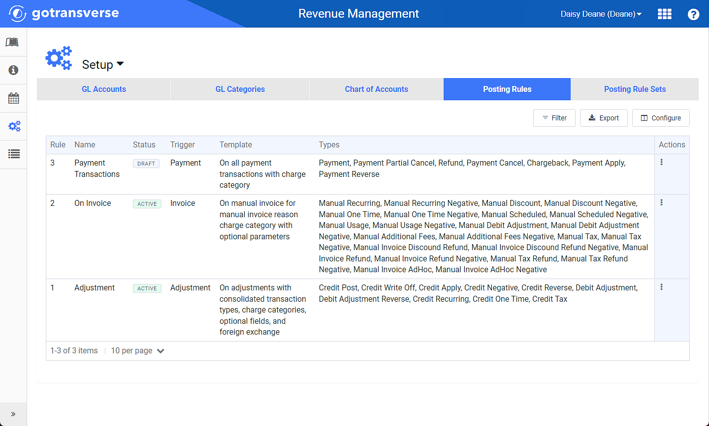 Revenue Management Setup Window - Posting Rules Tab