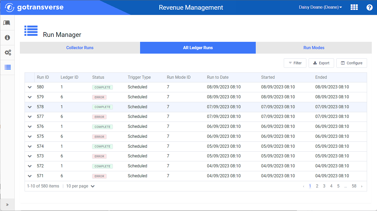 AR Ledger Runs Tab