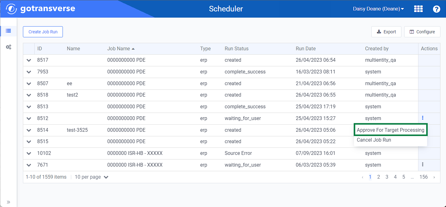 Actions Menu - Approve for Target Processing Option