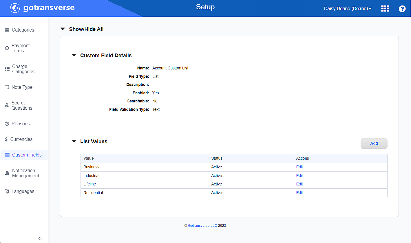 Custom Field Details with List Values