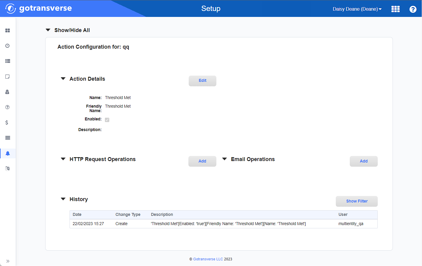 Action Configuration Window