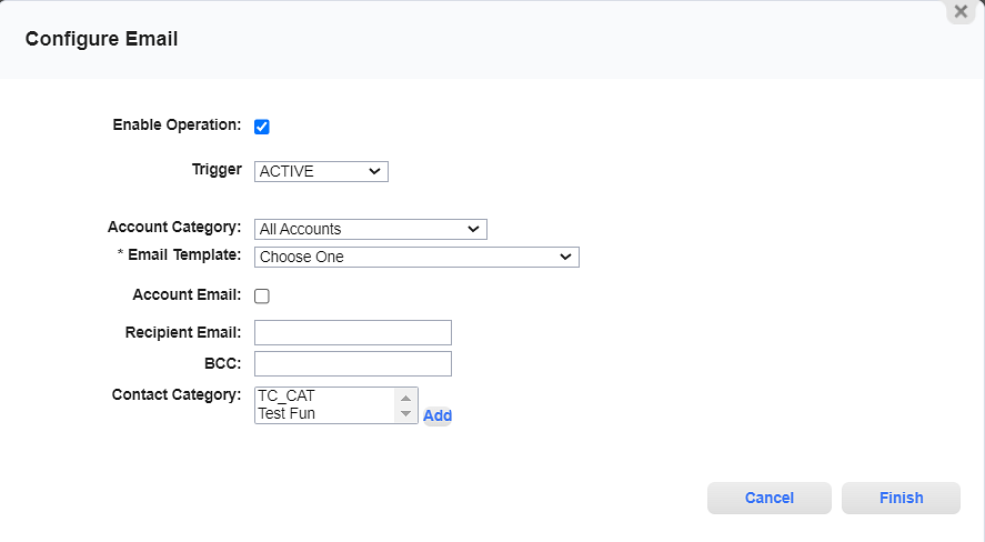 Configure Email Window for Account Status Change Type