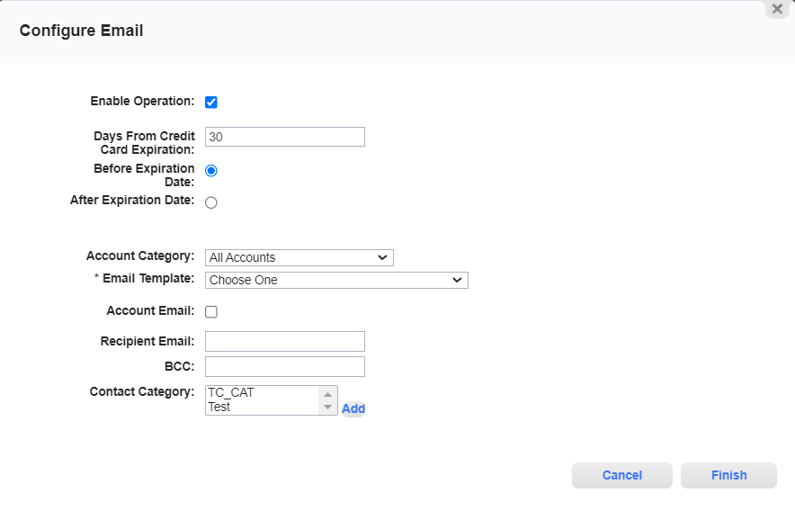 Configure Email Window for Credit Card Expiration Notice Type