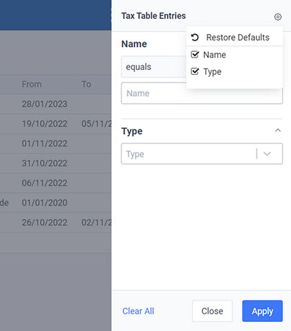 Configure Tax Table Entries Filters